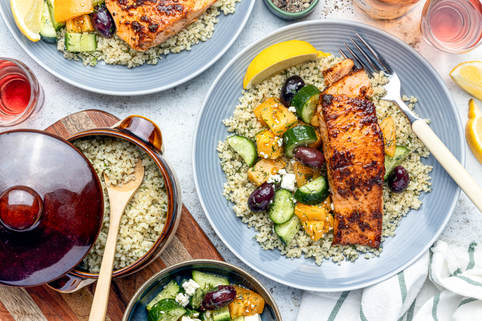 Honeyed Salmon Greek Salad Bowls