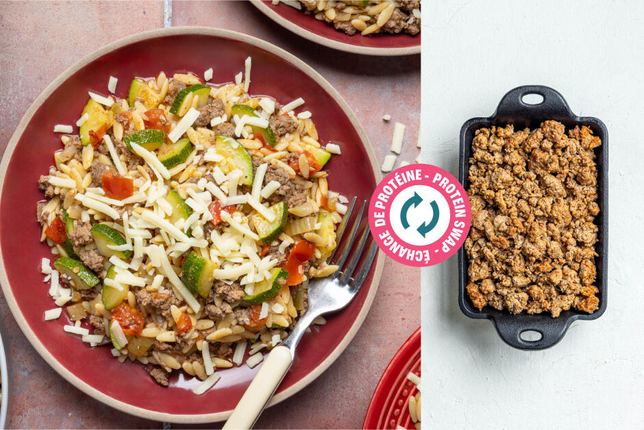 Échange de protéine | Casserole de chorizo et orzo au fromage