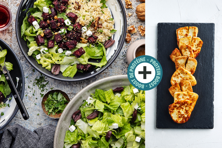 Boost de protéines | Bols d’halloumi, betteraves rôties, feta et noix de Grenoble à la grecque