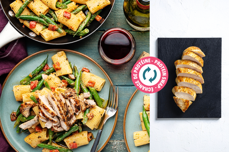 Échange de protéine | Rigatonis crémeux aux poitrines de poulet et pesto de tomates séchées