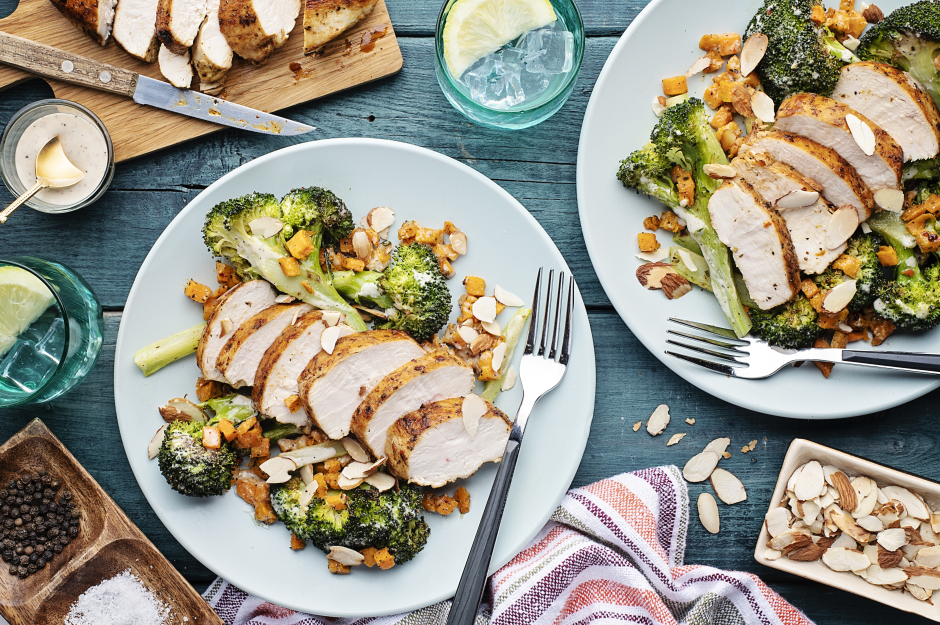 Pan-Roasted Chicken Breasts over Broccoli Caesar Salad