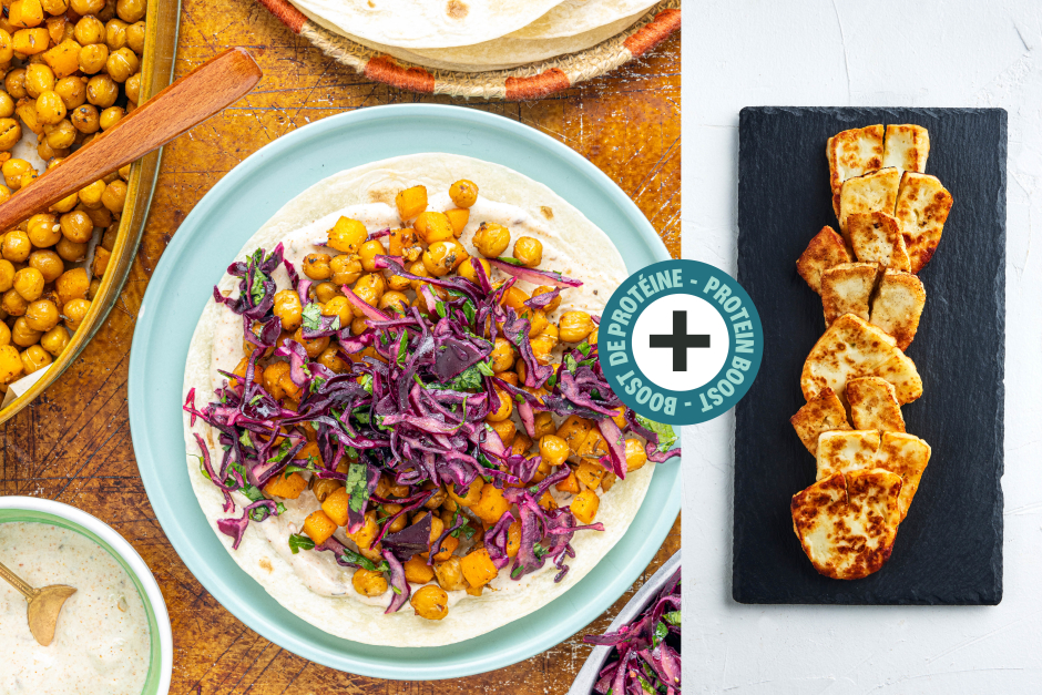Protein Boost | Spicy Salsa Verde Roasted Chickpea, Halloumi & Squash Tacos