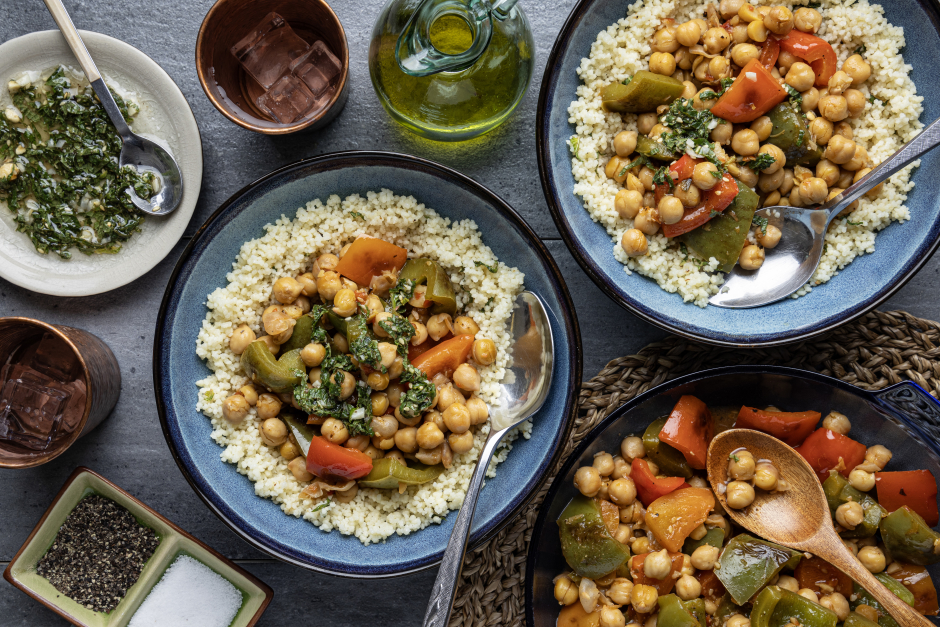 Dukkah-Spiced Saucy Chickpea Couscous Bowls