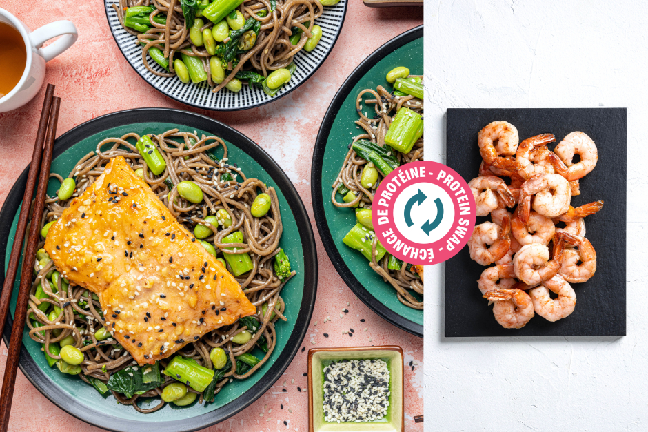 Protein Swap | Quick Honey-White Miso Shrimp with Soba Noodles & Yu Choy