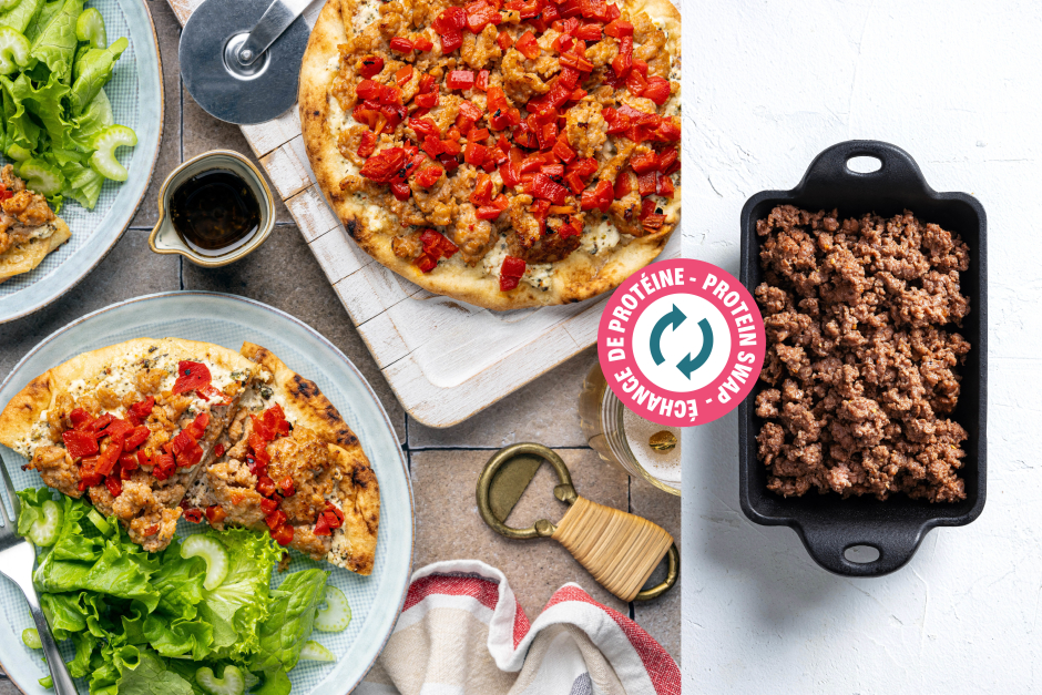 Protein Swap | Ground Beef, Ricotta & Roasted Pepper Naan Pizzas