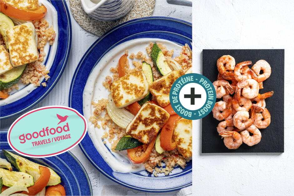 Boost de protéines | Goodfood voyage : légumes rôtis garnis de crevettes et d’halloumi de la Grèce