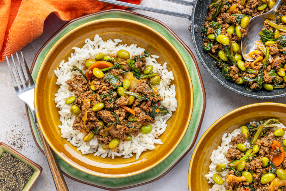 Lime-Kimchi Ground Beef Donburi Bowls