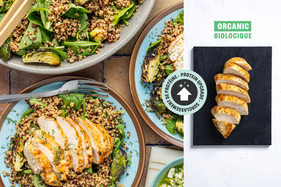 Surclassement de protéine | Salade de poulet BIO rôti style grec et vinaigrette au champagne feta-aneth