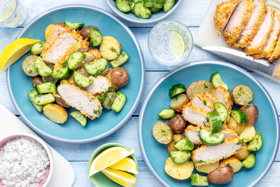 Air Fryer Pork Schnitzel with Herb & Pickle Cream
