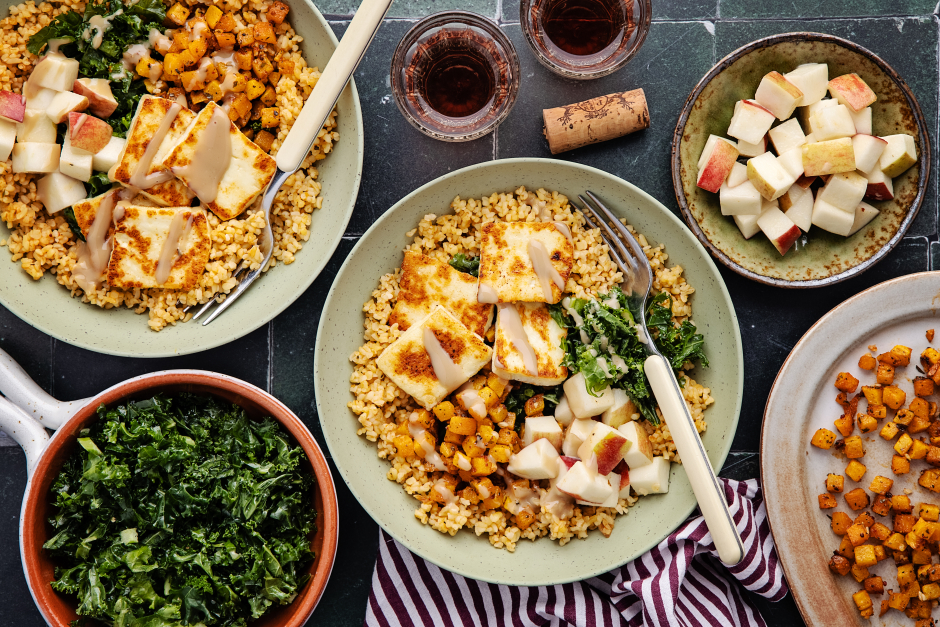 Thanksgiving Grain Bowls with Apple & Halloumi