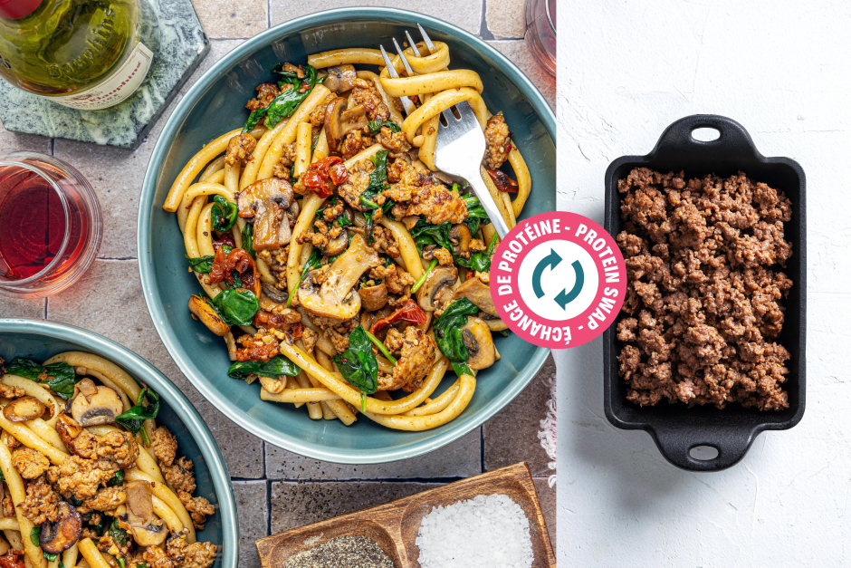 Protein Swap | Ground Beef Bucatini Primavera