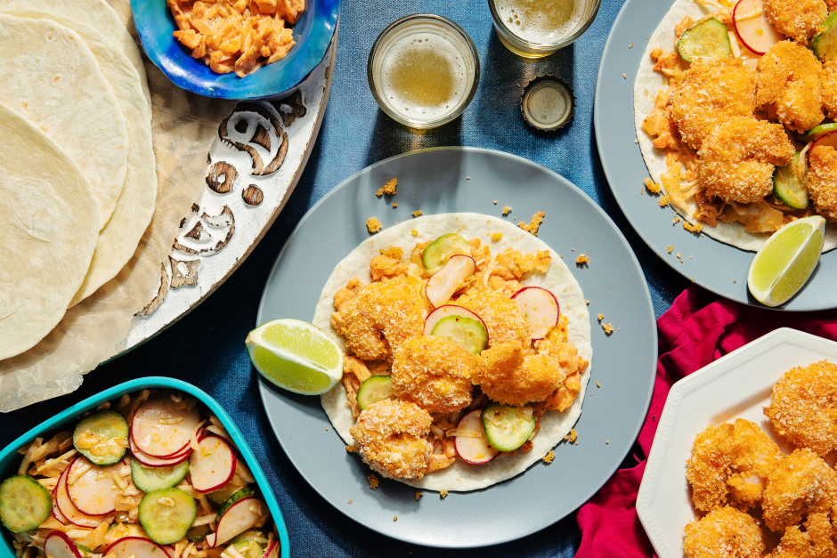 Crispy Shrimp Tacos with Spicy Kimchi Mayo