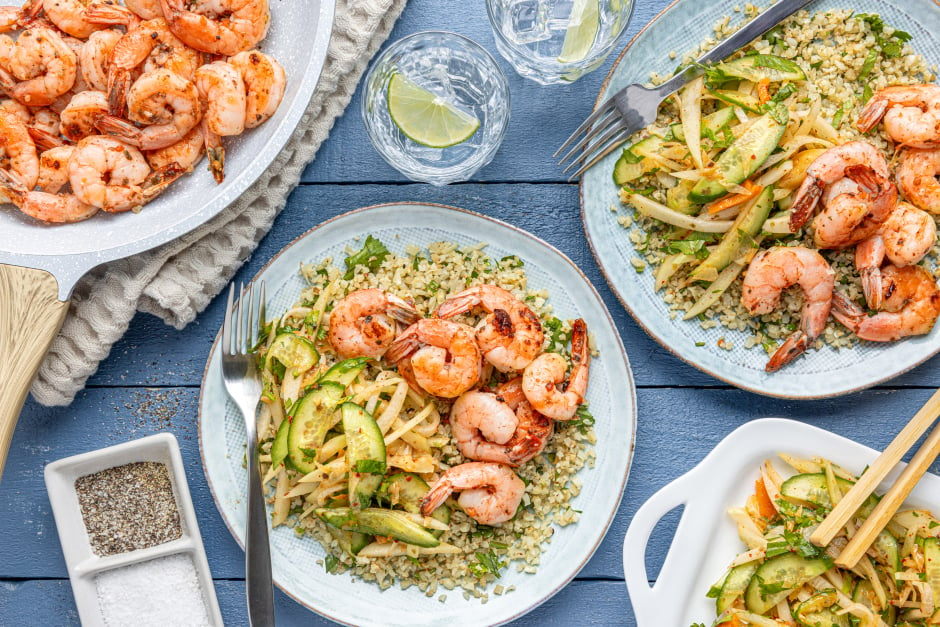 Shrimp with Crisp Chayote-Kimchi Salad