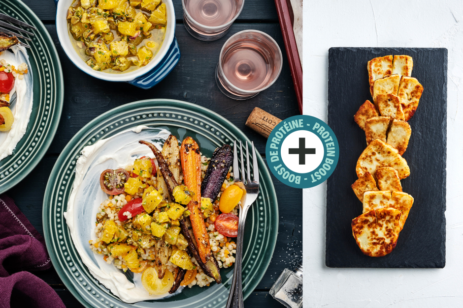 Boost de protéines | Bols de couscous perlé aux labneh, carottes au sumac et halloumi