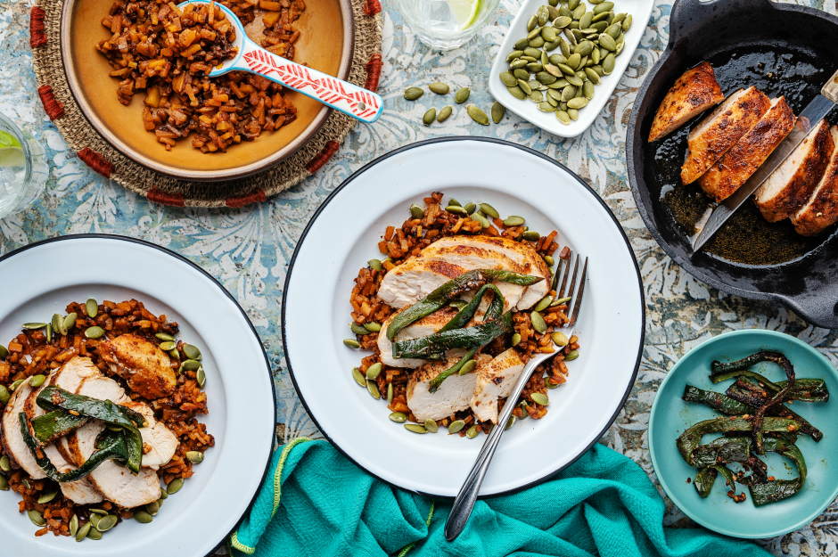 Tex-Mex Spiced Chicken Breasts with Garlic-Roasted Poblano