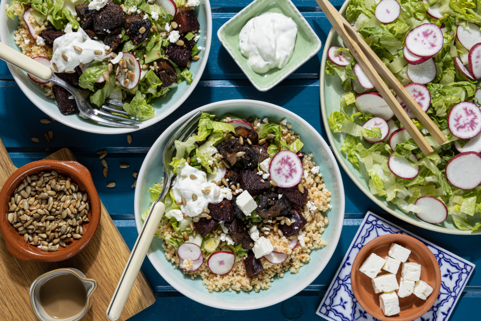Greek-Style Roasted Beet & Mushroom Couscous Bowls
