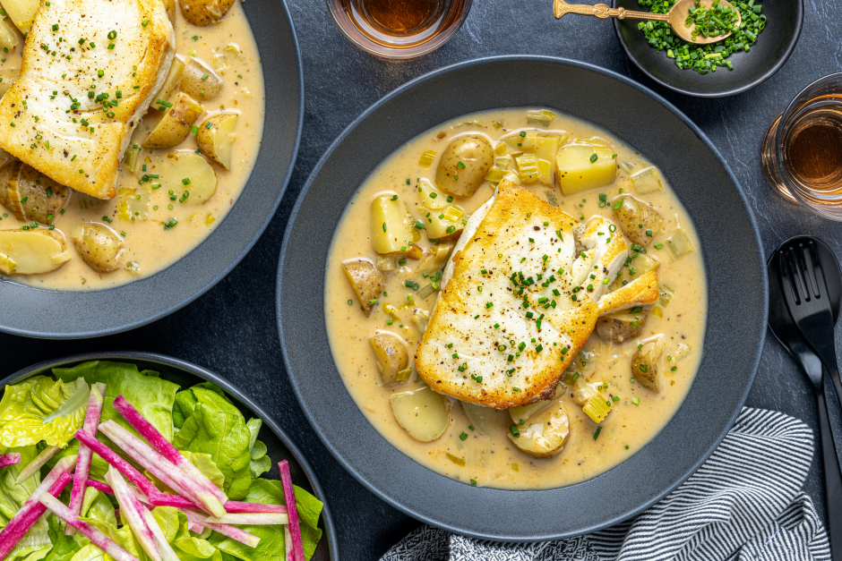 Pan-Seared Halibut over New England Chowder