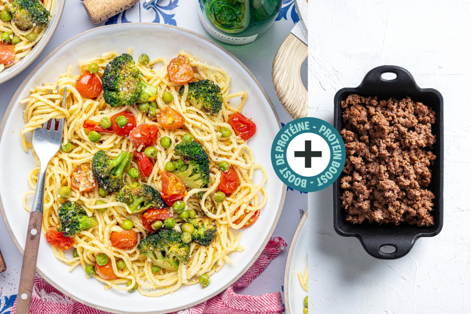 Boost de protéines | Spaghettis frais primavera avec bœuf haché
