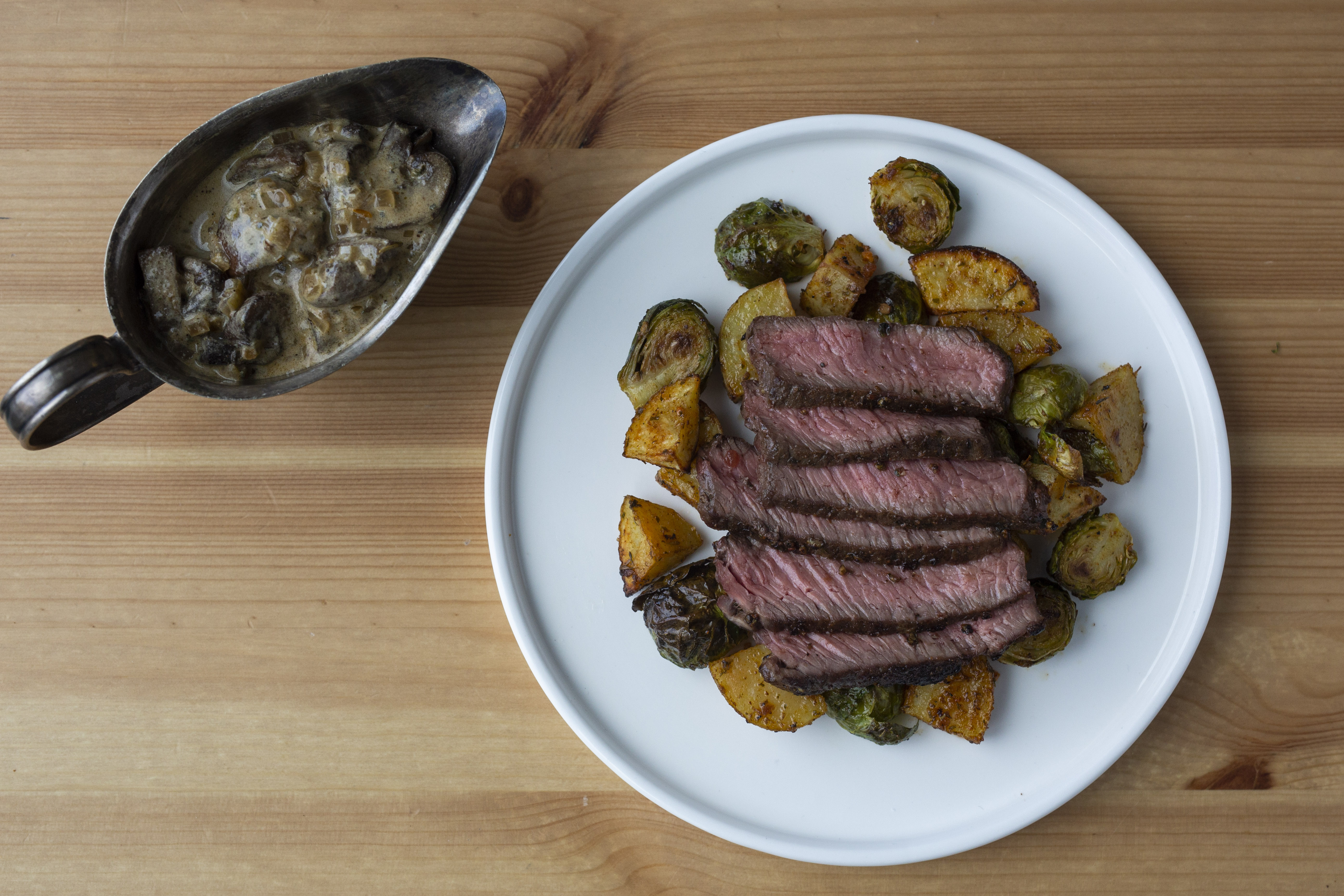 Steak with MushroomGreen Peppercorn Sauce  Roasted Brussels Sprouts  Potatoes