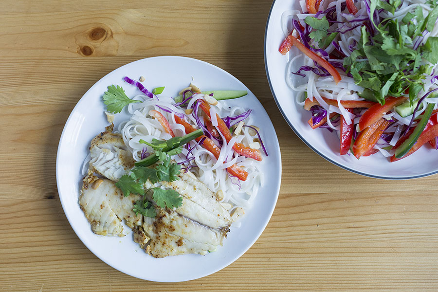 Grilled Tilapia with Rice Noodle Vegetable Salad & Toasted Cashews