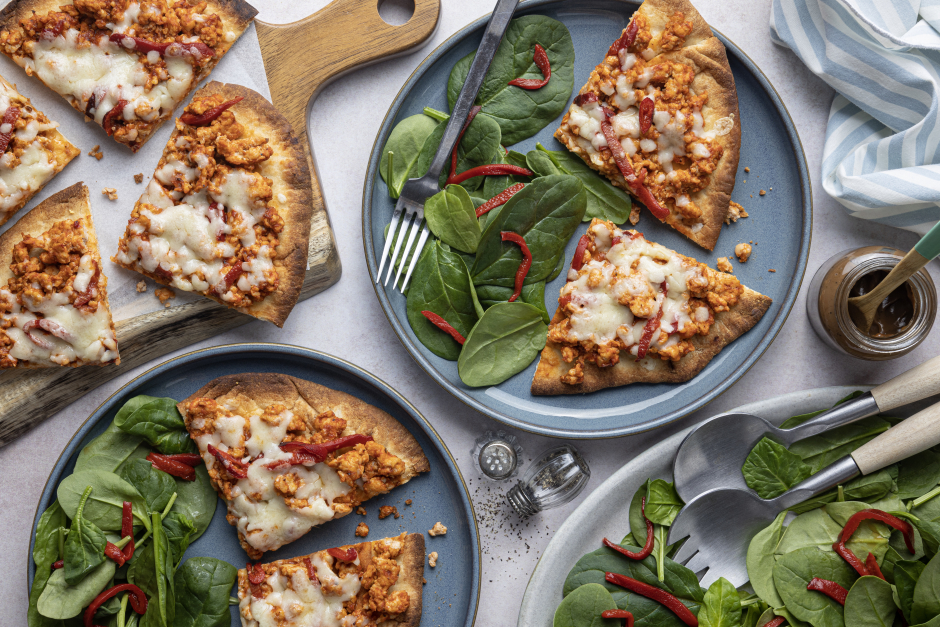 Quick Ground Pork & Aged Cheddar Naan Pizzas