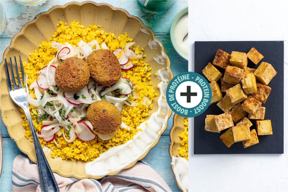Protein Boost | Golden Couscous Tofu & Falafel Bowls
