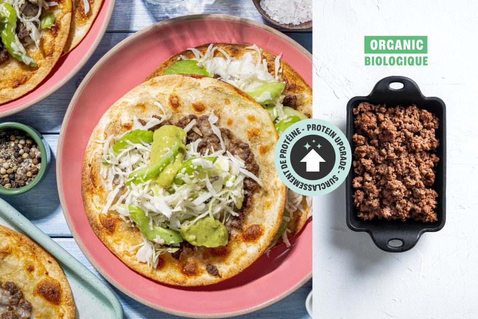 Surclassement de protéine | Tostadas au bœuf BIO sur une plaque