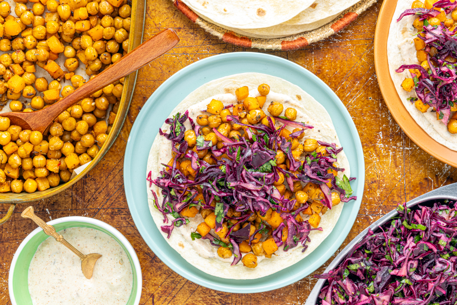 Spicy Salsa Verde Roasted Chickpea & Squash Tacos