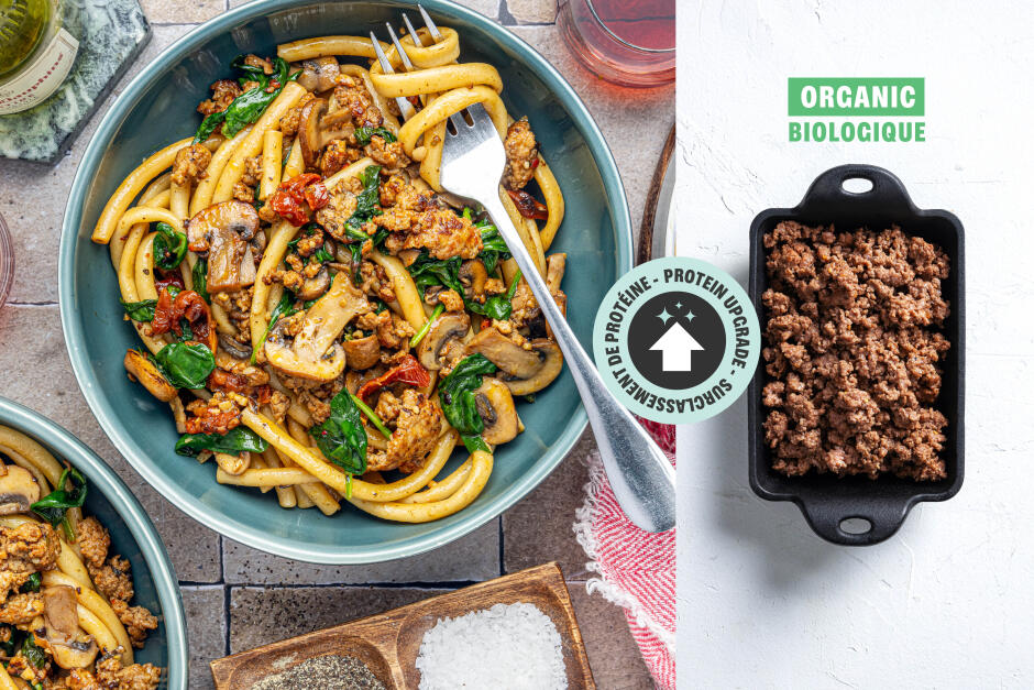 Protein Upgrade | Bucatini Primavera with ORGANIC Ground Beef