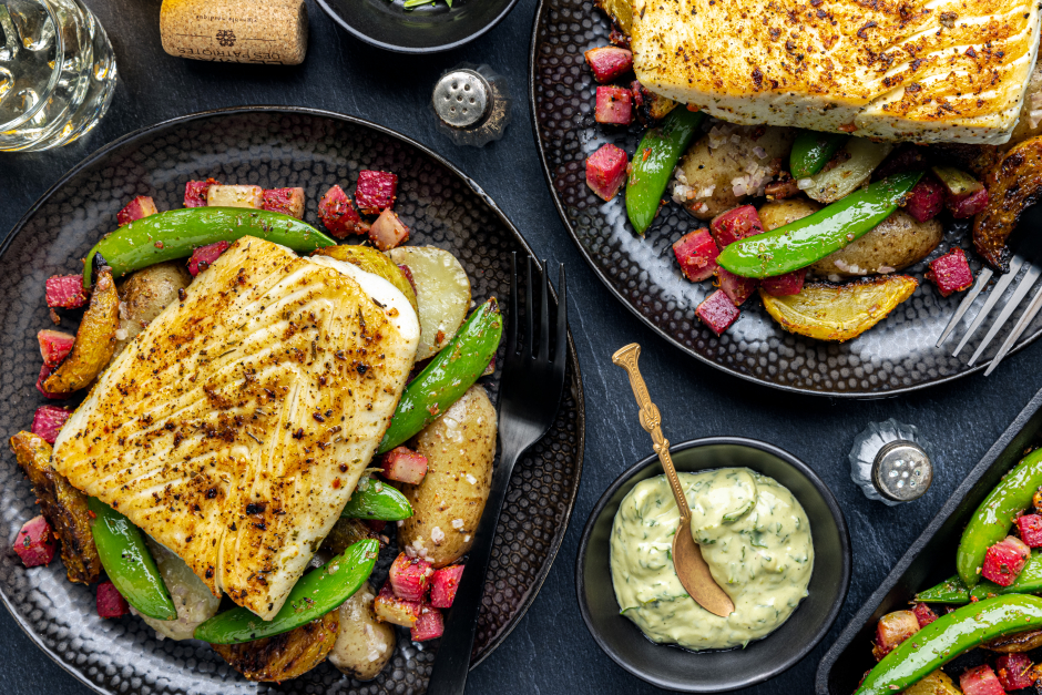 Seared Halibut, Early Spring Veggies & Avocado Green Goddess Sauce