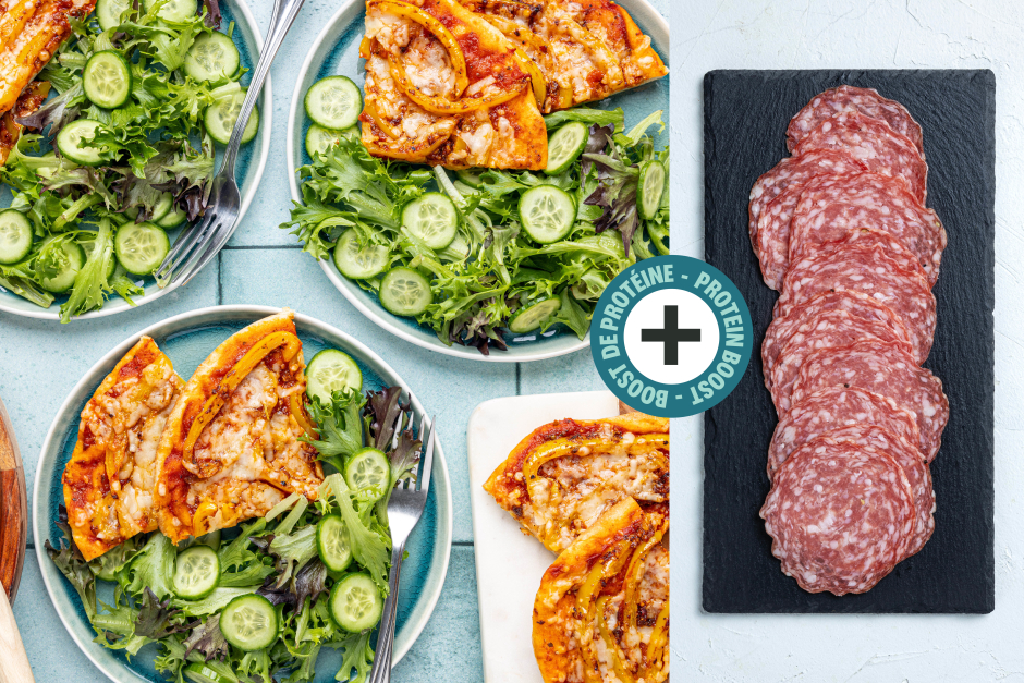 Protein Boost | Cheesy Salami & Sweet Pepper Naan Pizzas