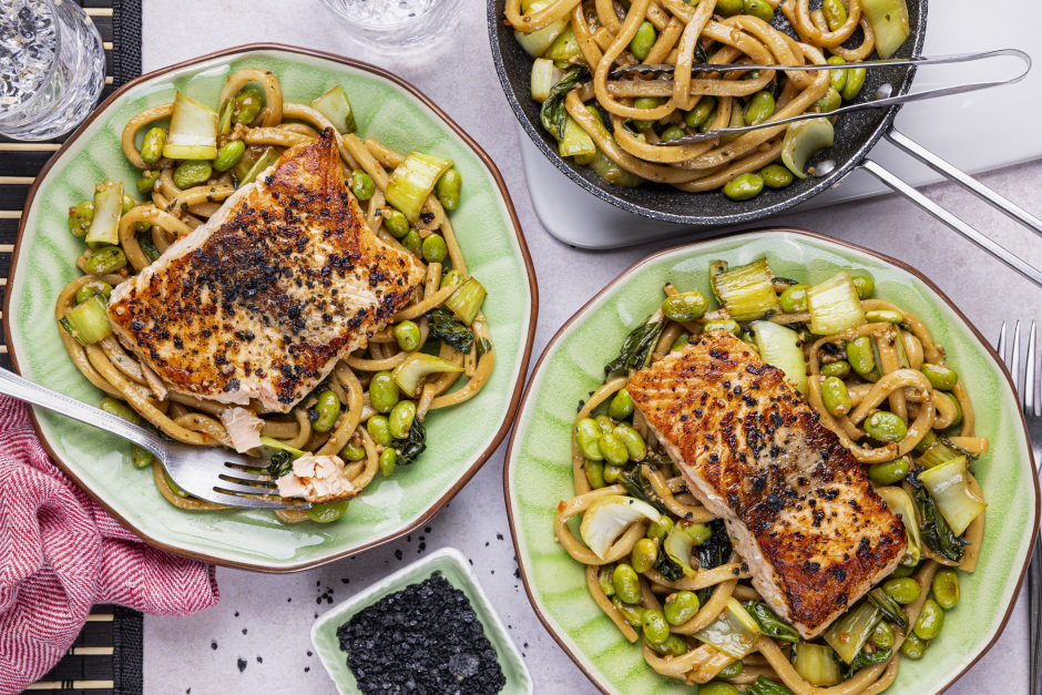 Salmon over Spicy Sambal Udon Noodles