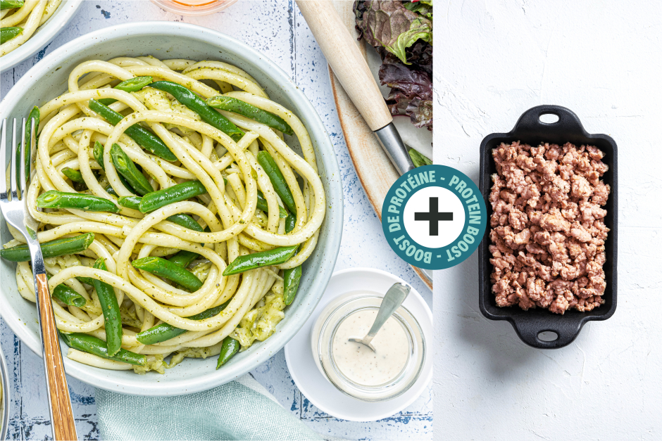 Boost de protéines | Souper en B de Bucatinis avec chair à saucisse, pesto de Basilic, Beaux haricots et Bocconcinis