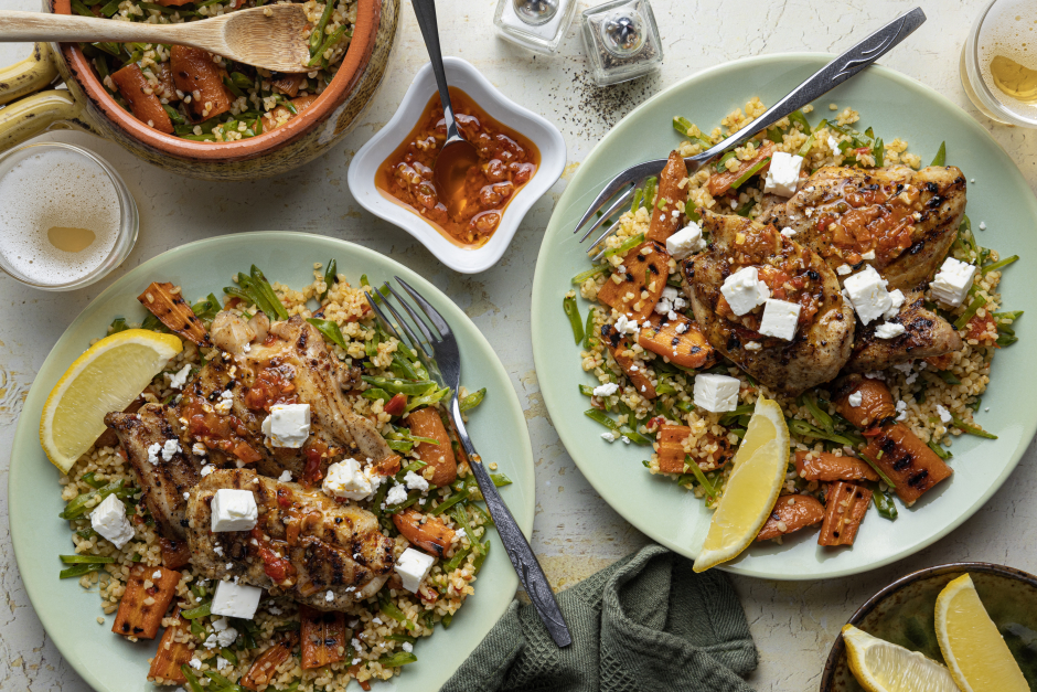 BBQ Chicken Thighs over Bulgur Salad