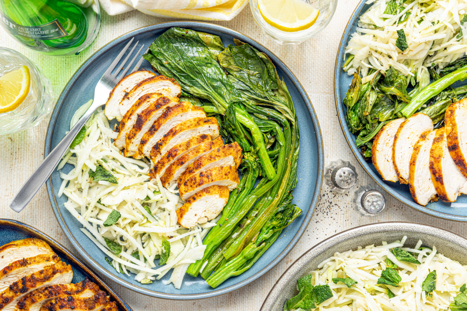 Quick Curried Chicken Breasts & Minty Kohlrabi Slaw