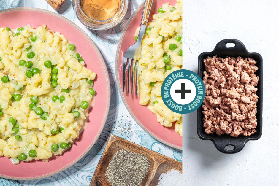 Protein Boost | Sausage, Cauli & Peas Mac ’n’ Cheese