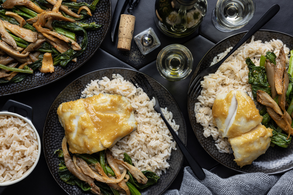 Miso-Ginger Baked Black Cod with Yu Choy & Oyster Mushrooms