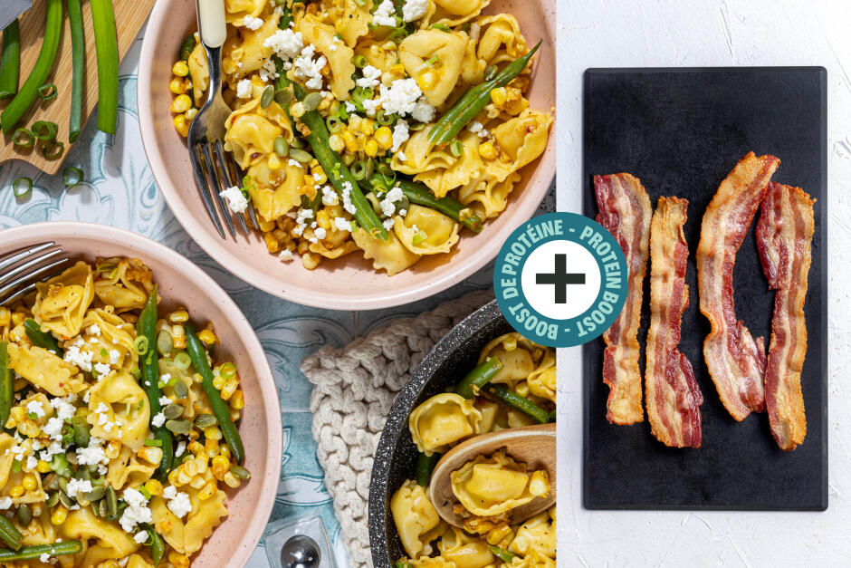 Boost de protéines | Tortellinis au fromage avec bacon et maïs estival