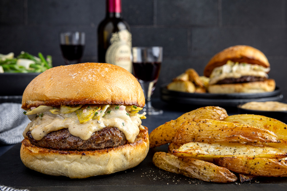 Wagyu Beef Burgers with Creamy Emmental Sauce