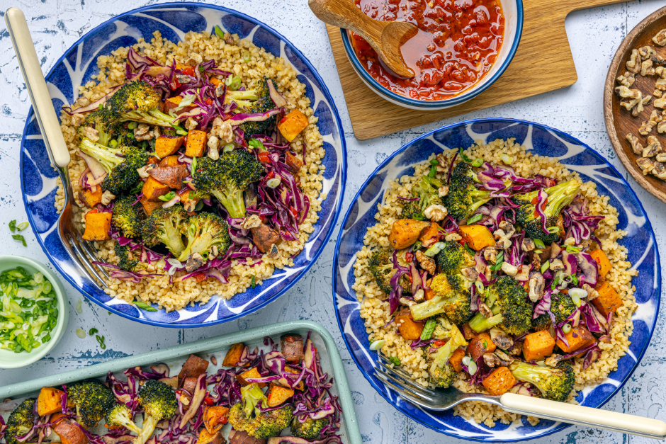 Warm Spice-Roasted Veggie Bulgur Bowls