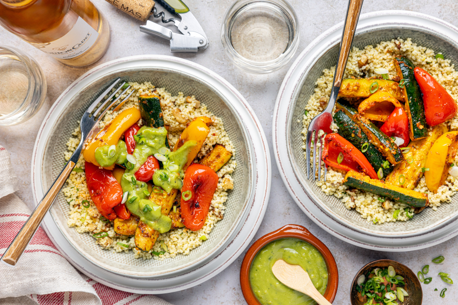 Vegan Couscous Bowls with Very Spicy Harissa-Roasted Veggies