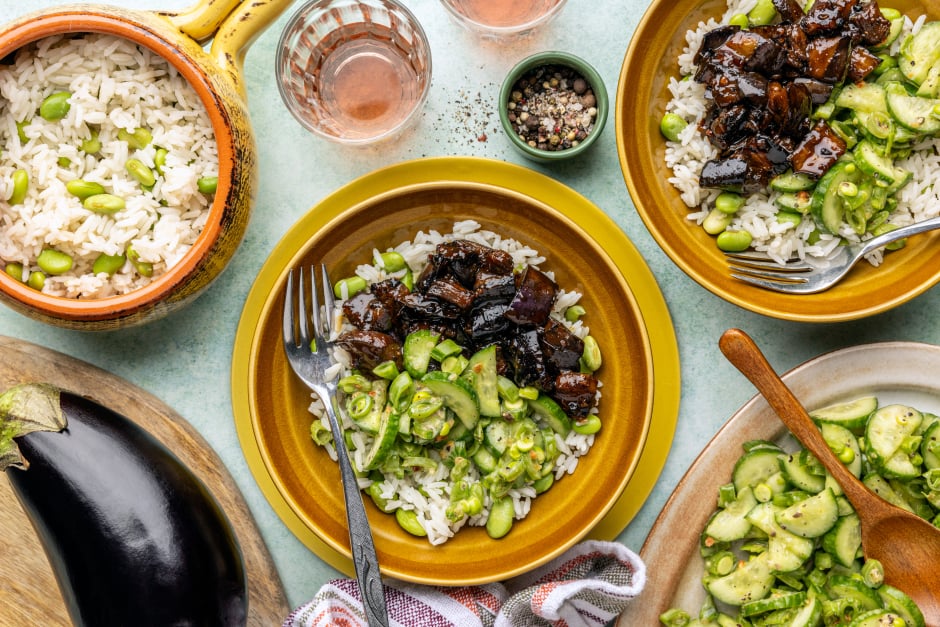 Vegan Sticky Miso Eggplant Donburi Bowls
