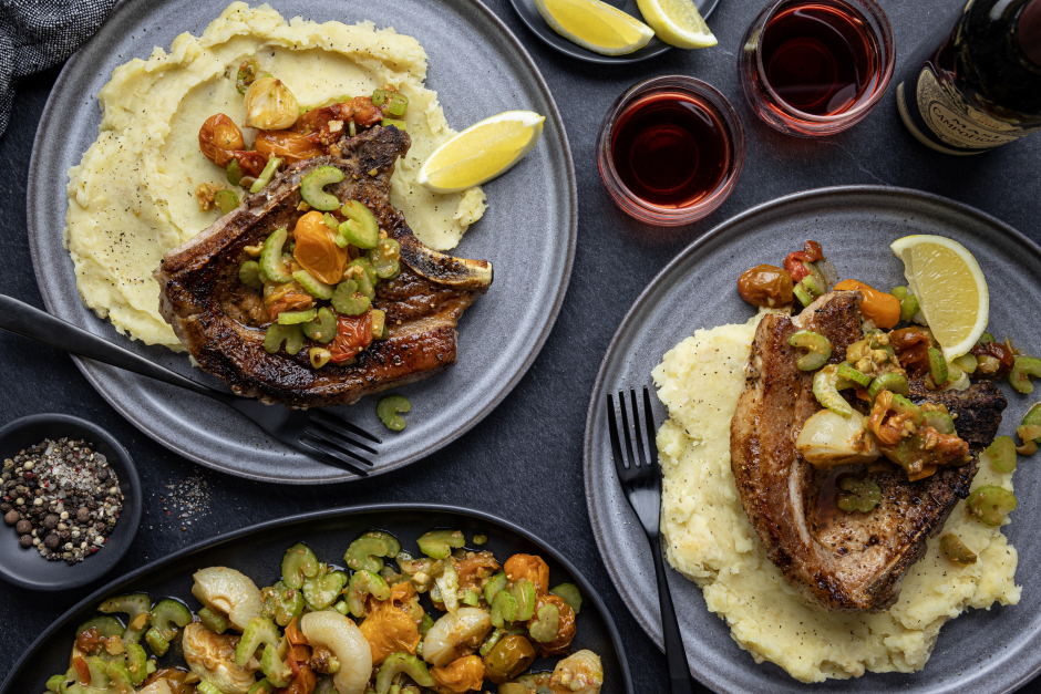 L’Artisan: Bone-In Pork Chops over Potato-Parsnip Mash