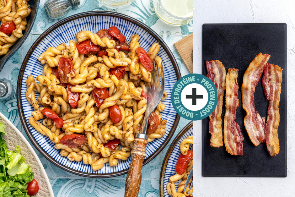 Boost de protéines | Torchiettes fraîches avec bacon et sauce au beurre et aux tomates cerises