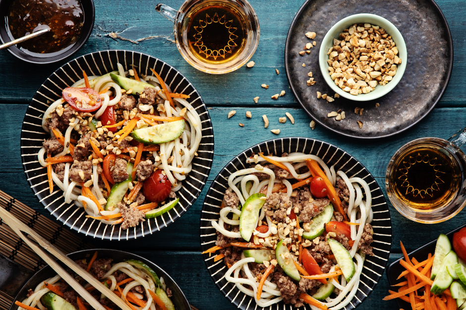 Ground Beef Larb Noodle Salad with Rainbow Vegetables