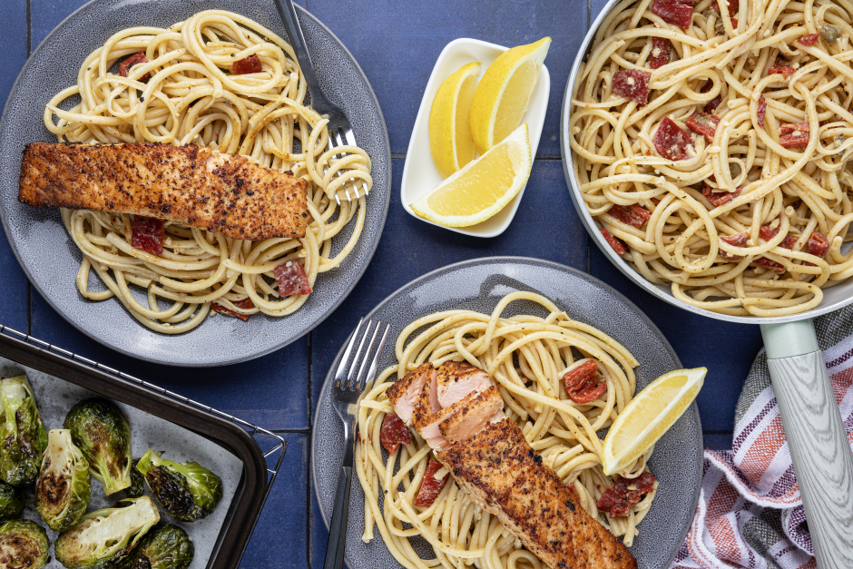 Pan-Seared Salmon over Creamy Lemon-Caper Bucatini