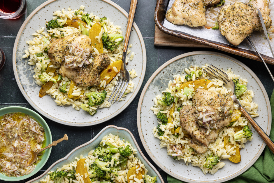 Roasted Chicken Thighs with Veggie Orzo