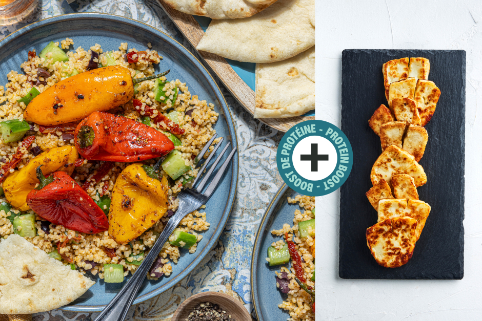 Boost de protéines | Assiette grecque avec halloumi et mini poivrons rôtis au miel