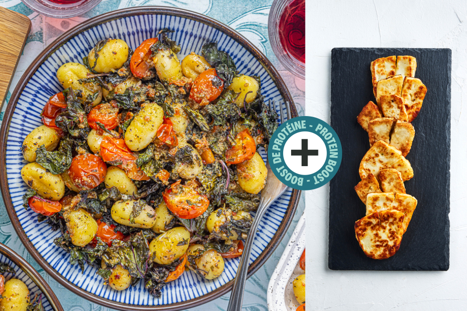 Boost de protéines | Gnocchis au halloumi et aux légumes sur une plaque