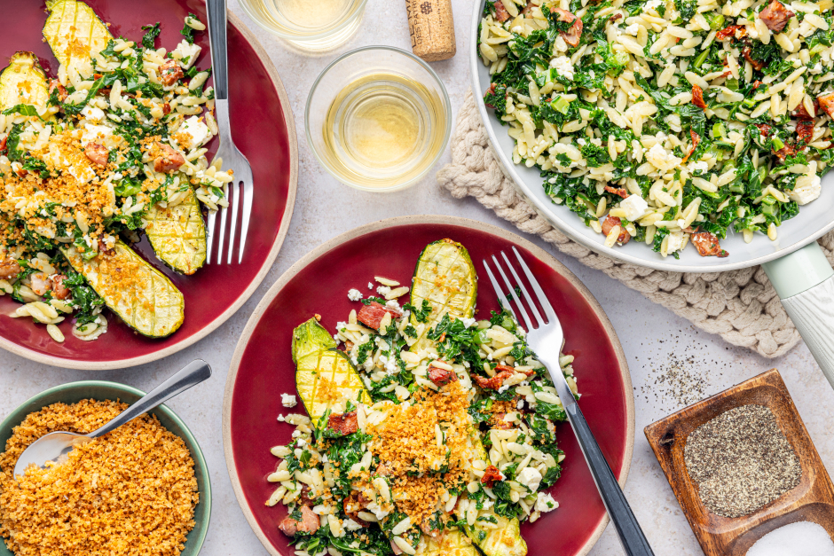 Creamy Pancetta Orzo over Roasted Zucchini